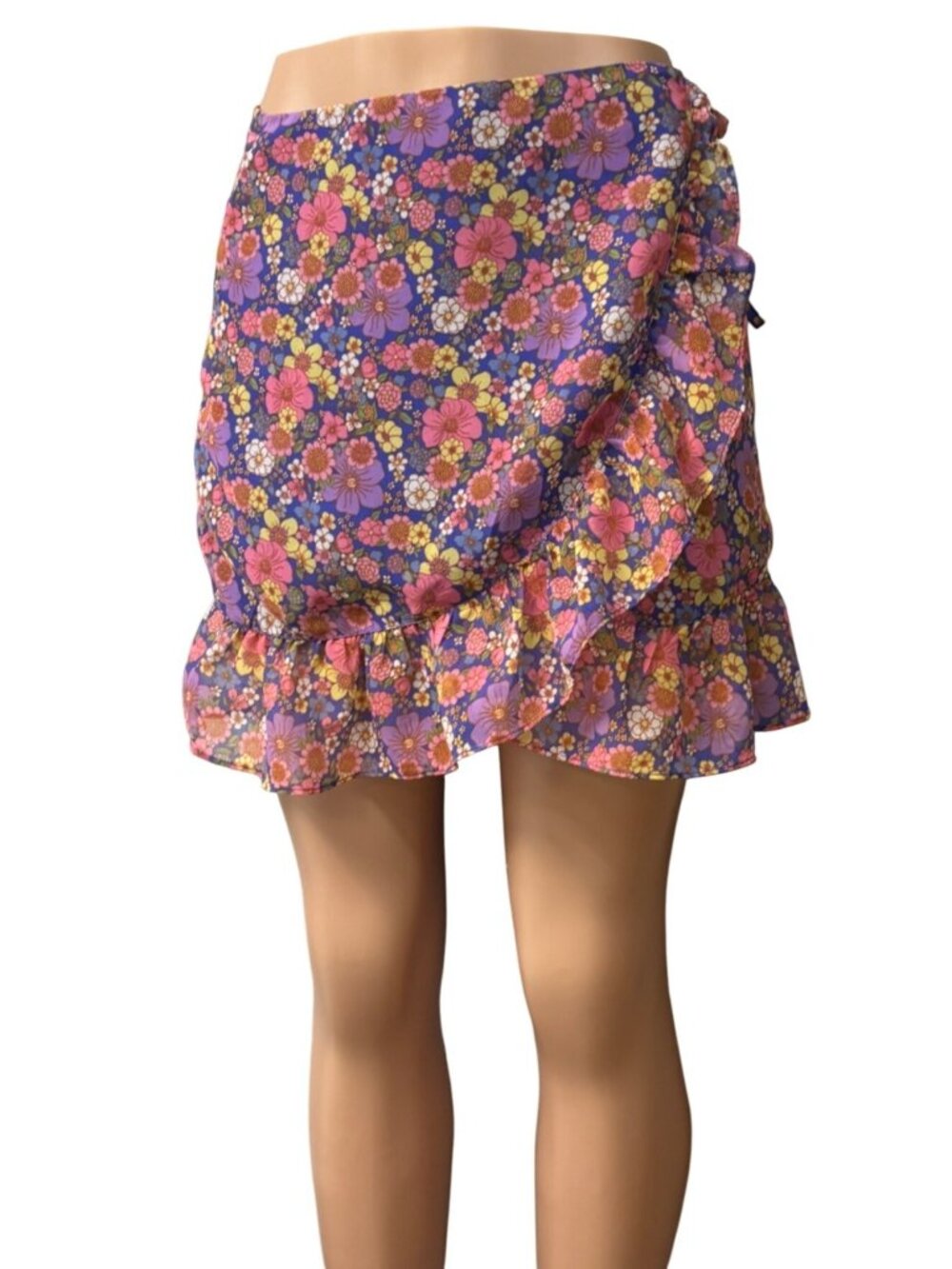 Topshop Floral Wrap Mini Skirt With Ruffle Hem, Purple/Multicolor, Sz. 6